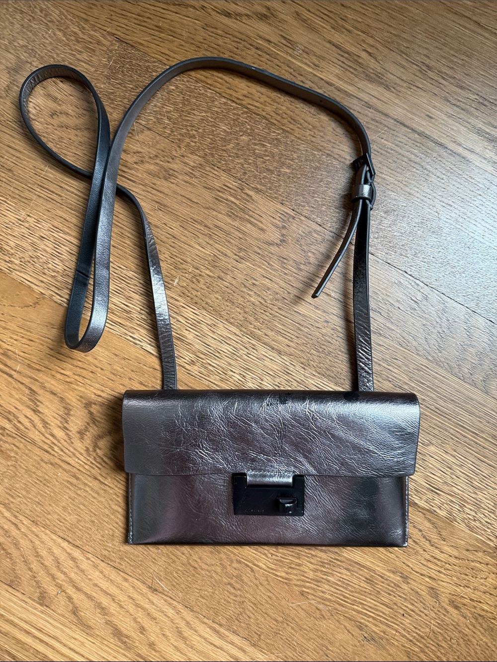 Allsaints Leather Crossbody Wallet Bag in Silver